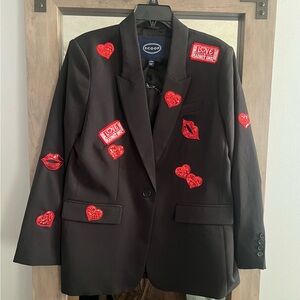 Ladies Black Blazer with hand sewed Valentine’s patches.